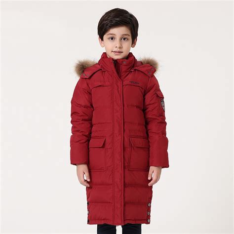 T100 Boys Winter Jackets Fur Hooded Collar Long Winter Coat Boy Red
