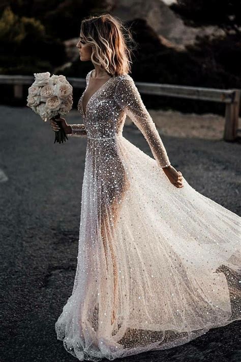 luxury rhinestones wedding dress with illusion long sleeves loveangeldress