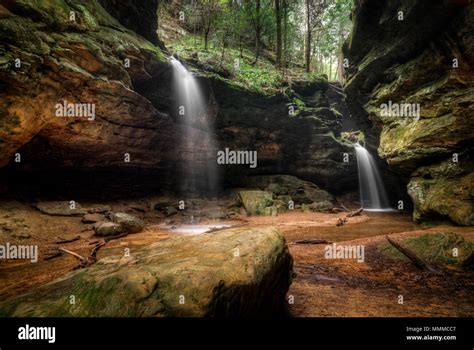 Twin Waterfalls At Conkles Hollow In Hocking Hills Ohio Stock Photo Alamy