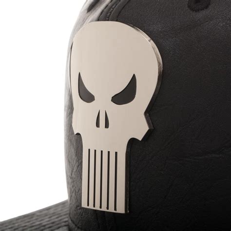 Marvel Punisher Silver Metal Skull Logo Pu Leather Black Snapback Hat