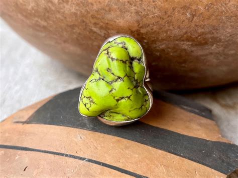 Large Bright Green Gaspeite Nugget Stone Ring Size 7 To 7 5