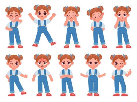 Cartoon Cute Little Girl Face Emotions And Expressions Kid Character