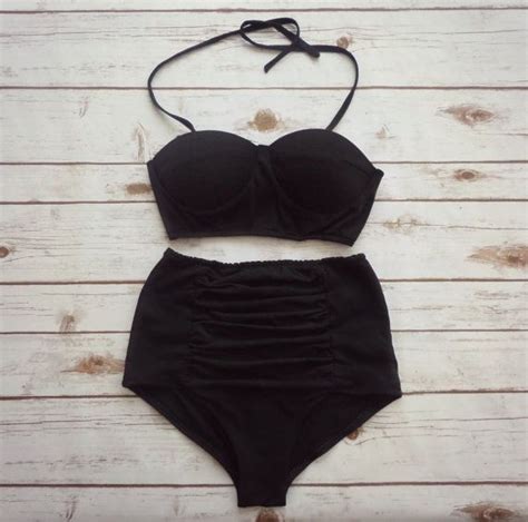 Bustier Bikini With Ruched Panel Briefs In Black Etsy Bikinis