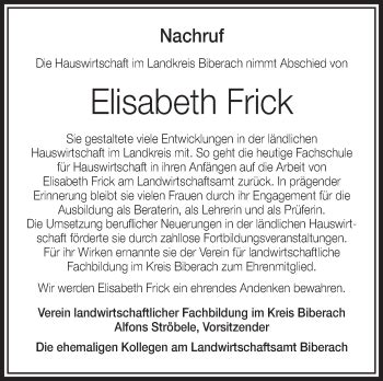 Traueranzeigen Von Elisabeth Frick Schwaebische De Trauerportal