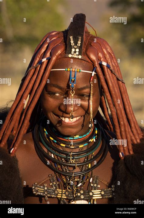 Himba Tribe Young Woman Smiling Cunene Province Oncocua Angola Stock