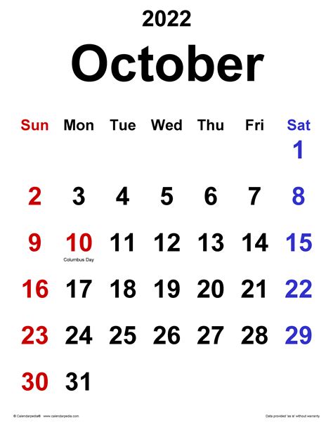 Printable Calendar Oct 2022