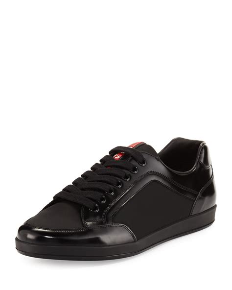 Prada Mens Nylon And Patent Leather Low Top Sneakers Black Neiman Marcus