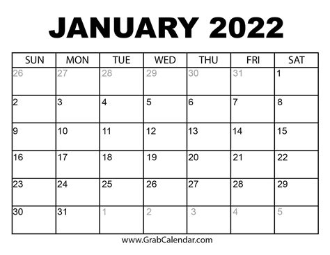 Printable January 2022 Calendar Printable Template