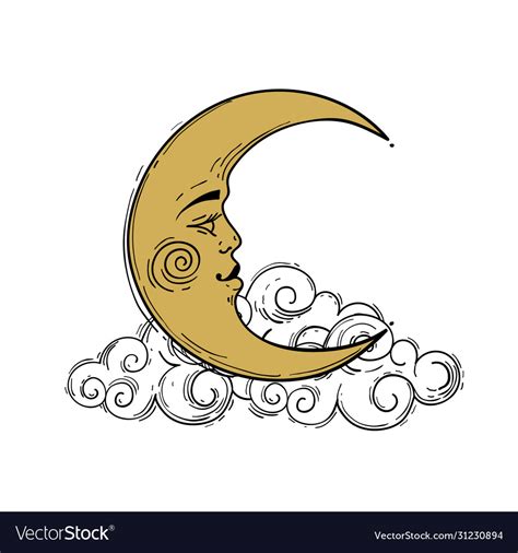 Crescent Moon With Face Stylized Drawing Gold Vector Image