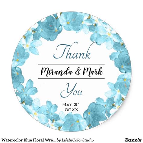 Watercolor Blue Floral Wreath Wedding Thank You Classic Round Sticker