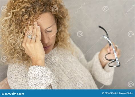 Sad Tired Young Woman Touching Forehead Having Headache Migraine Or Depression Upset Frustrated
