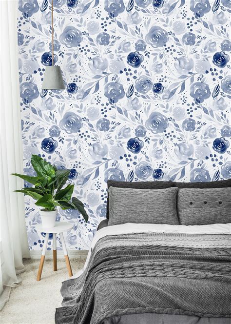 Blue Watercolor Flowers Background Removable Wallpaper Peel Etsy