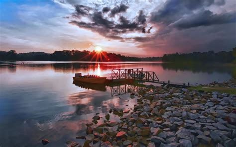 Hintergrundbilder Landschaft Boot Sonnenuntergang See Wasser