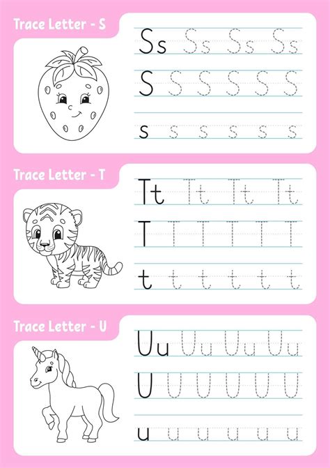 Writing Letters S T U Tracing Page Worksheet For Kids Practice