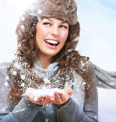 Christmas Girl Winter Woman Blowing Snow — Stock Photo © Subbotina