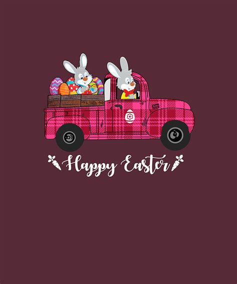 Happy Easter Red Truck With Egg Hunting Bunny Easter Digital Art By