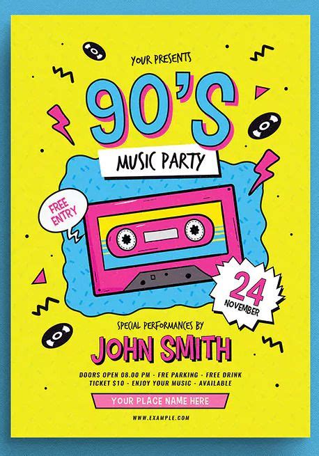 90s Music Party Flyer Template Ai Psd A4 Size Download Graphic