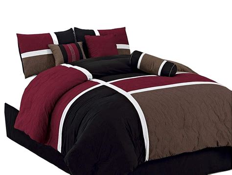 7 Pieces Burgundy Brown Black Quilted Patchwork Comforter Set Full Size