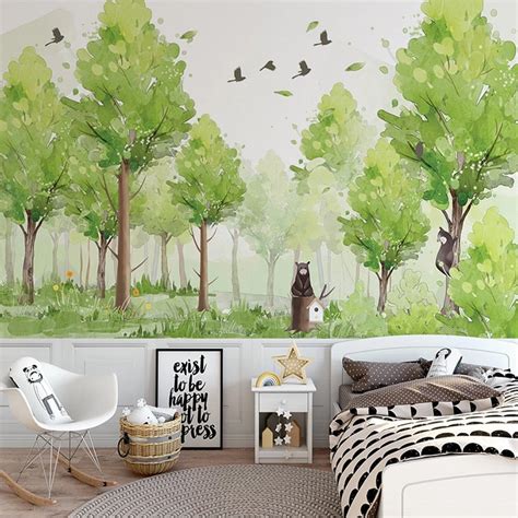 Custom Wallpaper Mural Forest Green Tree Bird Kids Room Bvm Home