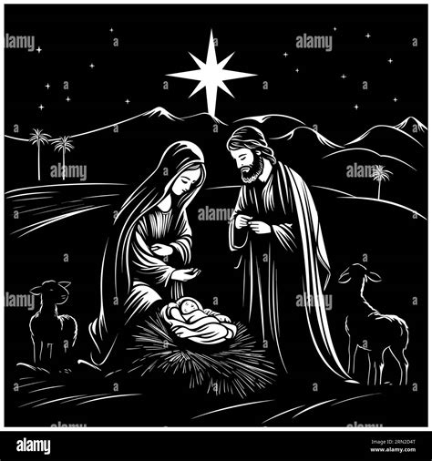 Black And White Illustration Of The Nativity Scene Stock Vector Image