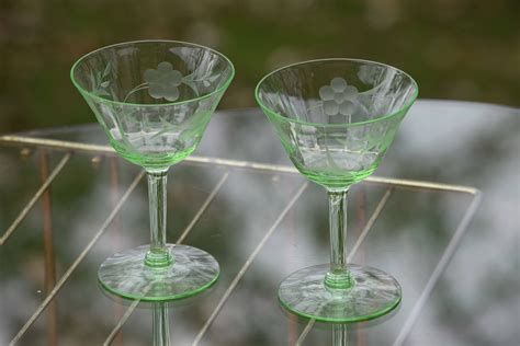 Vintage Green Etched Glass Cocktail Martini Glasses Set Of 2 Green Vaseline Martini Glasses