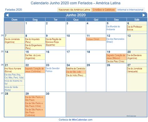 Calendário De Junho De 2020 Para Impressão América