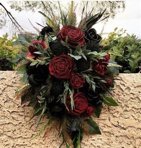 Gothic Wedding Wood Flower Bouquet In Dark Red And Black Wood Etsy