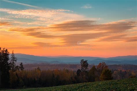Nice Sunset Sky With Hill And Trees Czech Republic Stock Photo Image