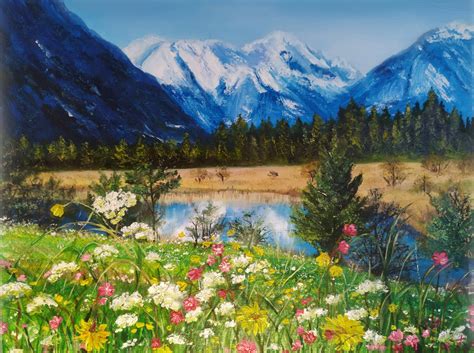 Mountains Landscape Meadow Flowers A Painting By Svitlana