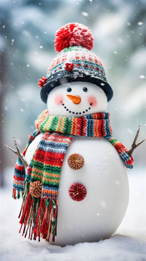 A Smiling Snowman With Twig Arms Waves Merrily His Scarf And Hat