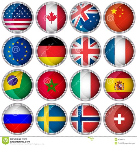 Set Of Glossy Buttons Or Icons With Flags Popular Countries Stock