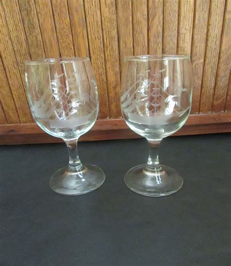 Etched Clipper Ship Sailboat Wine Glass Set Of 2 Glasses Etsy