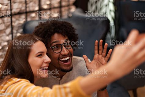 Happy Biracial Couple Taking A Picture Stock Photo Download Image Now