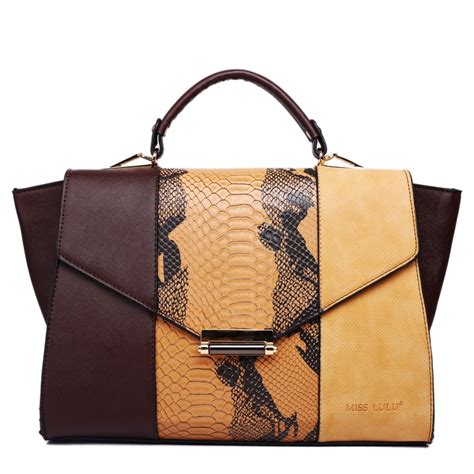 L1606 Miss Lulu Leather Look Classic Snakeskin Handbag Brown