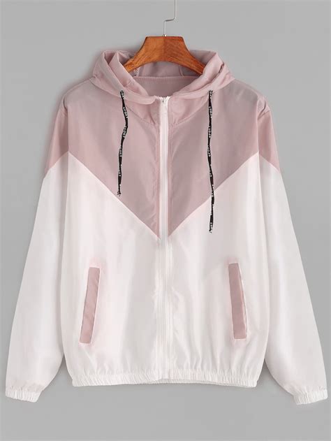 Pink And White Drawstring Zip Up Hooded Jacket Windbreaker Fashion Spring Outerwear Jacket Style