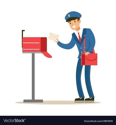 Postman In Blue Uniform Delivering Mail Putting Vector Image On
