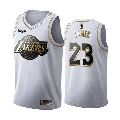 White, with the front and back los angeles lakers metallic logo. 2019-20 Men Lakers basketball jersey shirt James 23 white