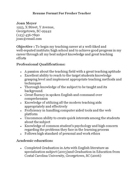 Teacher resume template & example. Fresher Teacher Resume Format | Templates at allbusinesstemplates.com