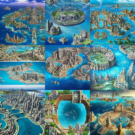 the lost city of atlantis, seen from above in an epic scale with huge