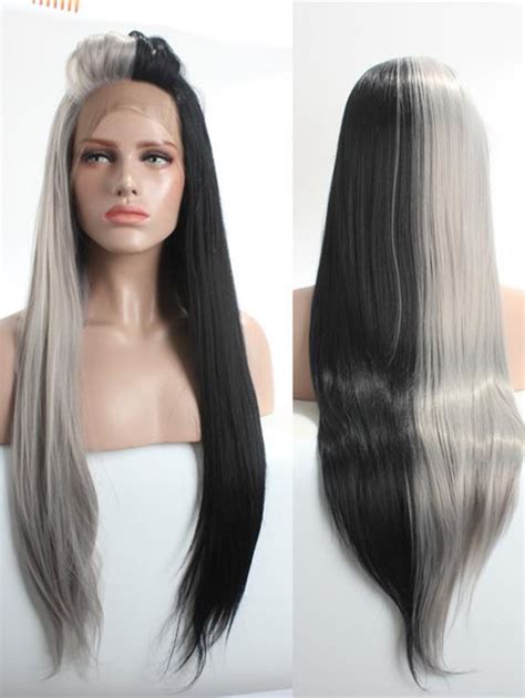 Neon Half Grey And Half Black Synthetic Lace Front Wigs
