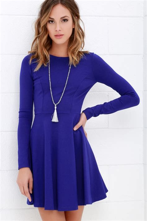 Cute Royal Blue Dress Long Sleeve Dress Skater Dress 5700