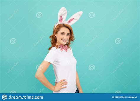 Cheerful Easter Woman With Bunny Ears On Blue Background Stock Image