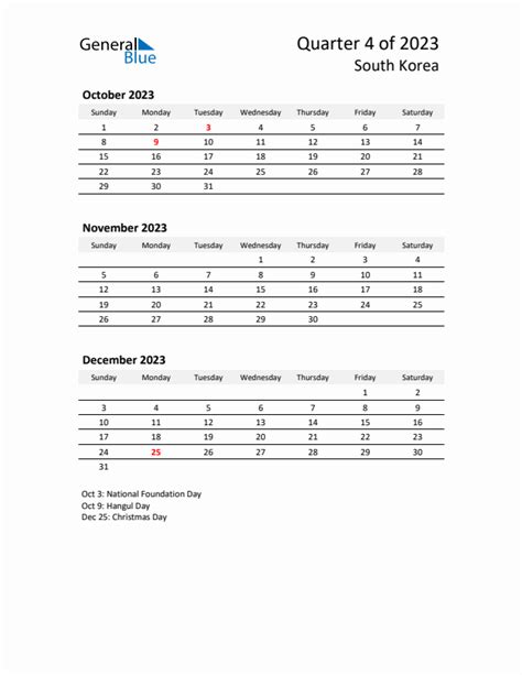 Q4 2023 Quarterly Calendar With South Korea Holidays Pdf Excel Word