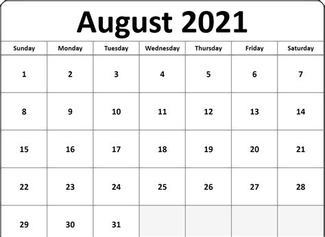 Free Printable August 2021 Calendar Template Pdf Page
