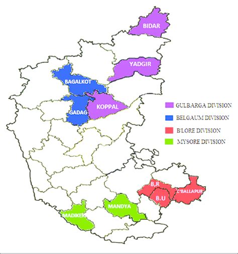 Map Showing The Various Divisions And Districts Of Karnataka Shaded In