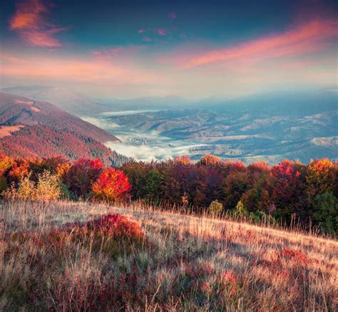Colorful Autumn Sunrise In The Carpathian Mountains Stock Photo