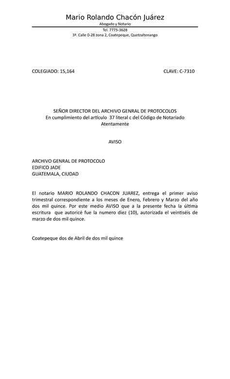 Avisos Trimestrales Protocolo Abogado Y Notario Tel 7775 3ª