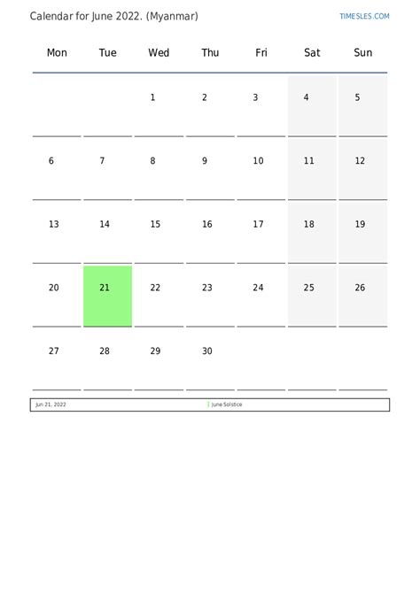 June 2022 Calendar With Holidays In Myanmar Print And Download Calendar