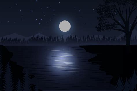 Moonlight Night In Forest Dark Forest Sky With River And Moon