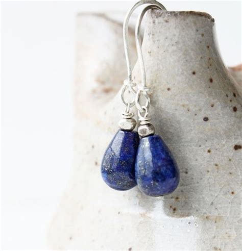 Lapis Earrings Blue Gemstone Teardrop Sterling Silver Wire Wrap